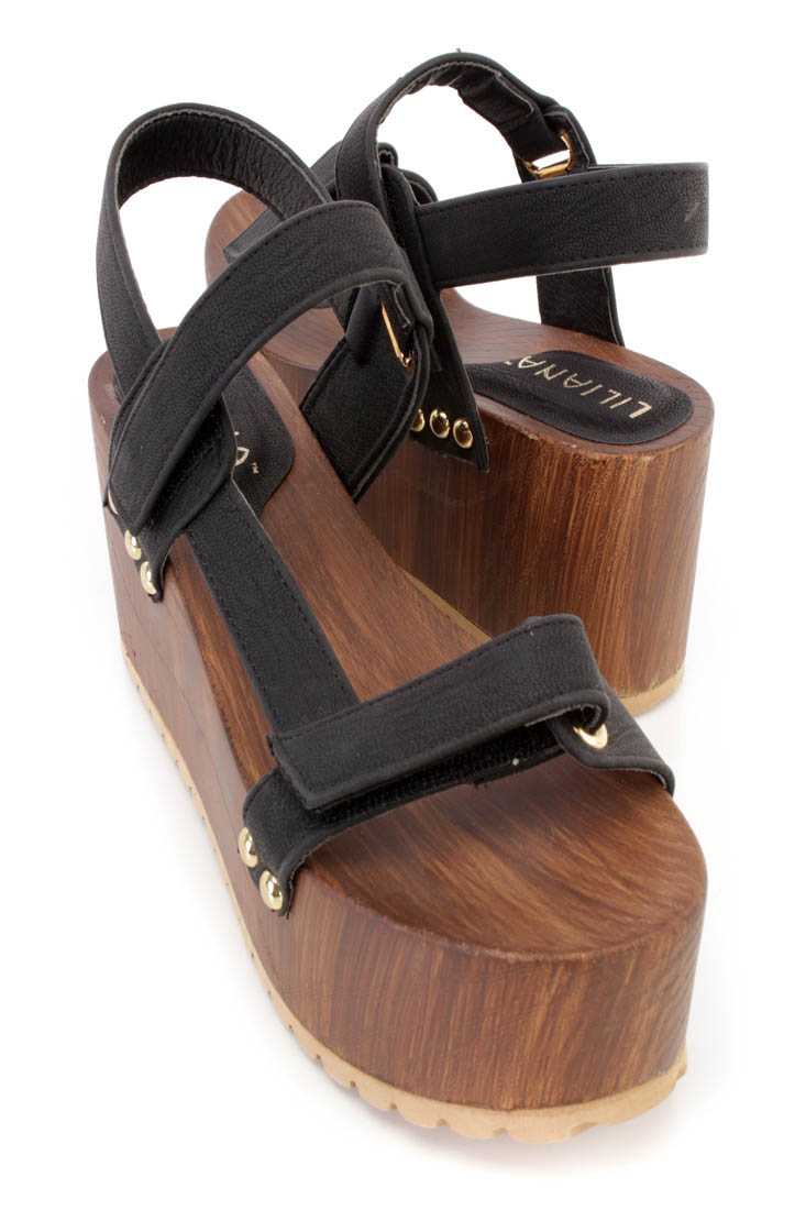 Black Strappy Platform Sandal Wedges Faux Leather