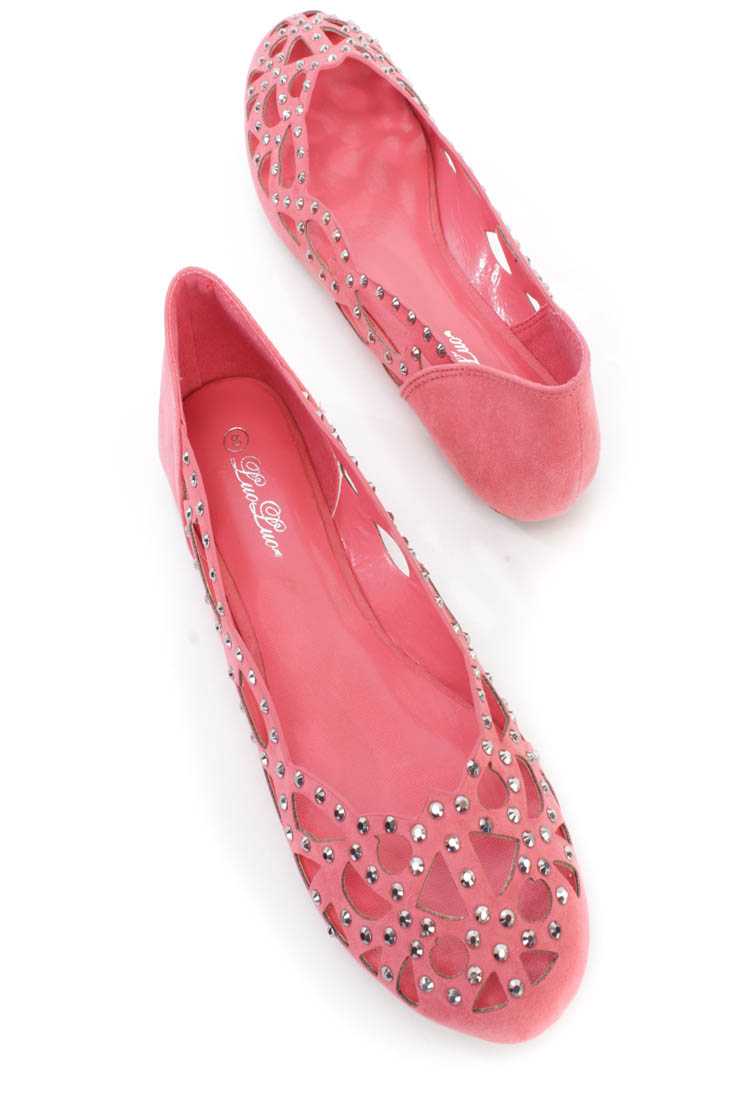 Coral Cut Out Rhinestone Detail Slip on Flats Faux Suede