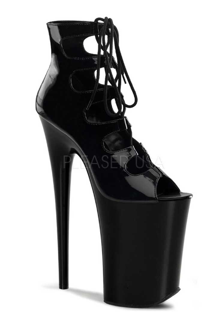 Black Wrap Around Ankle Extreme High Heel Booties Patent