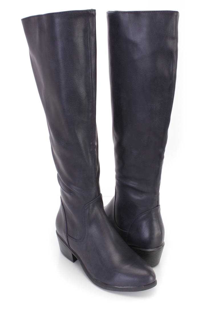 Navy Knee High Riding Boots Faux Leather