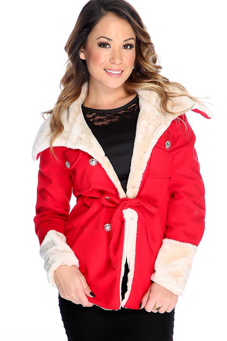 Red Long Sleeve Plus Trim Causal Fall Coat