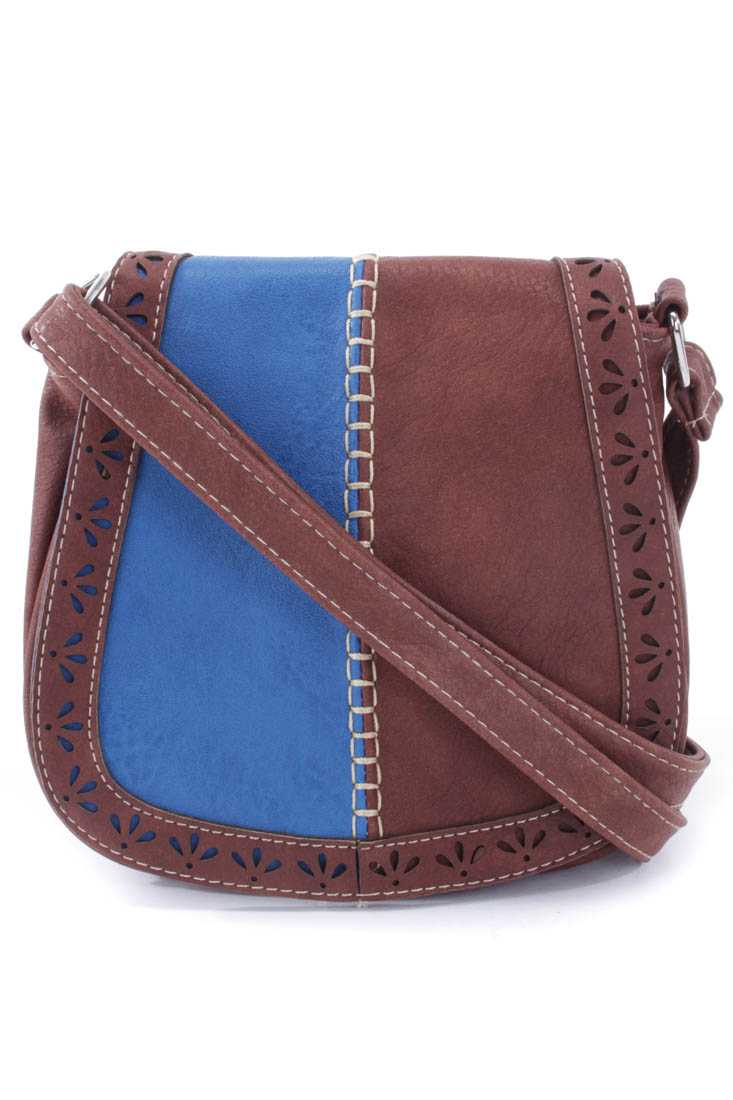 Blue Brown Faux Leather Two Tone Shoulder Handbag