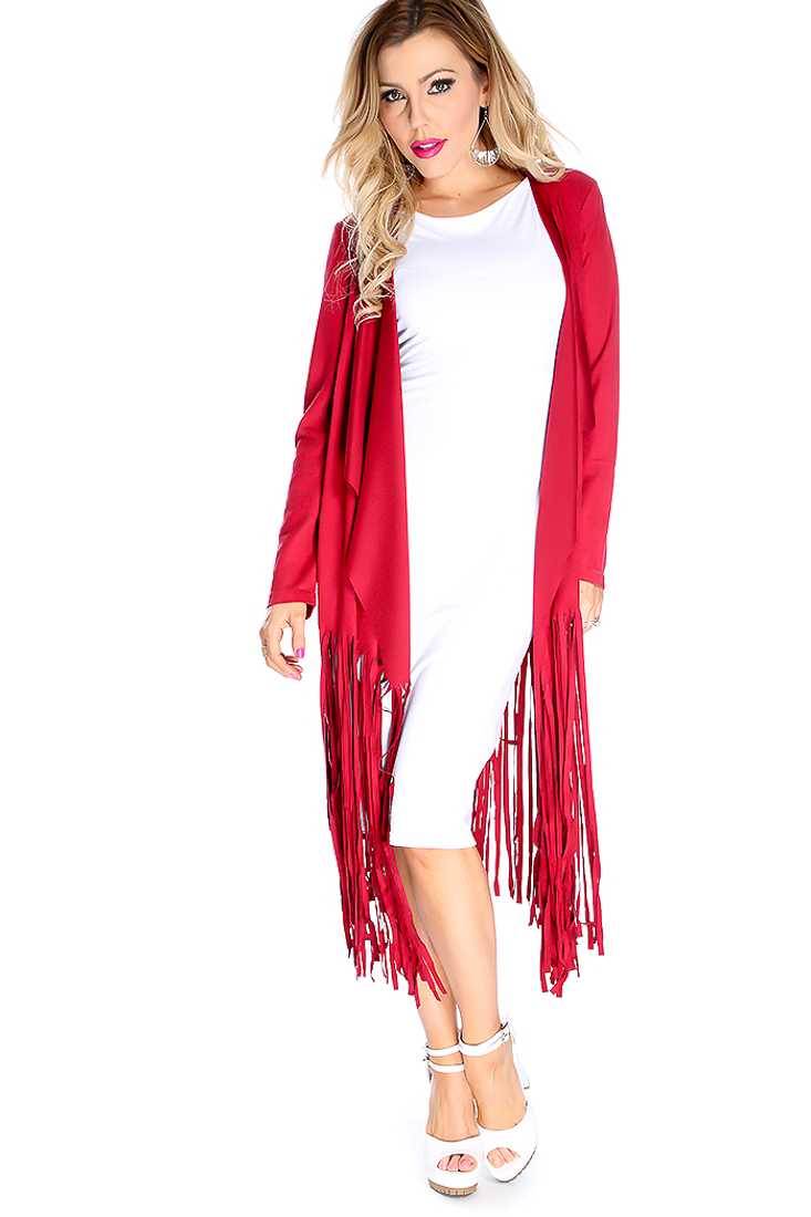 Stylish Burgundy Long Sleeve Fringe Hem Cardigan