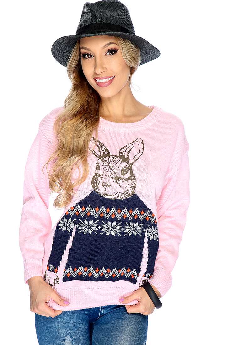 Pink Long Sleeve Knitted Design Casual Sweater