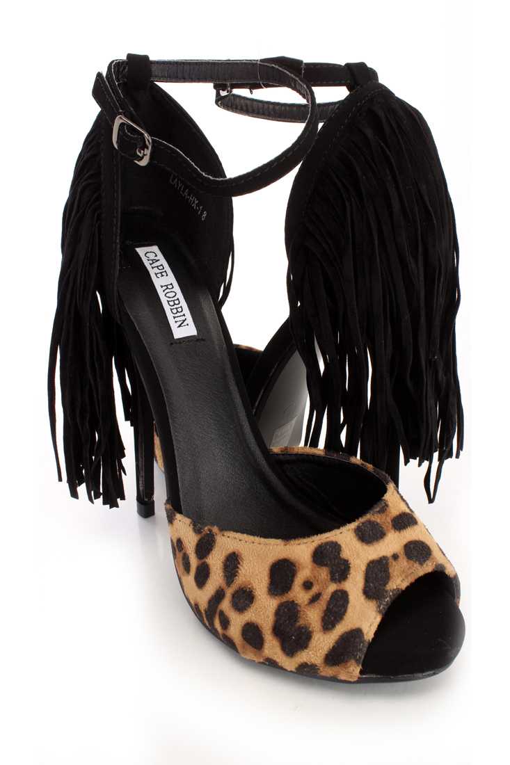 Black Leopard Fringe Single Sole High Heels Faux Suede