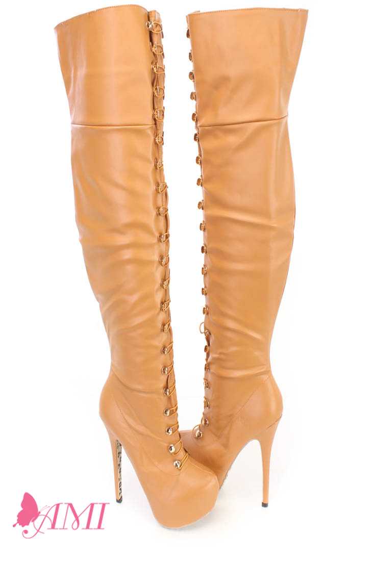 Camel Looped Thigh High Platform Boots Faux Leather