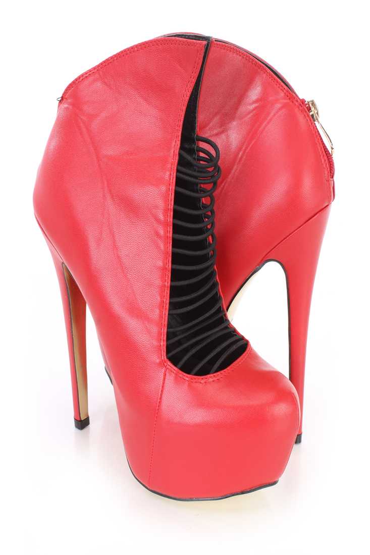 Red Elastic Strappy Platform Heel Booties Faux Leather