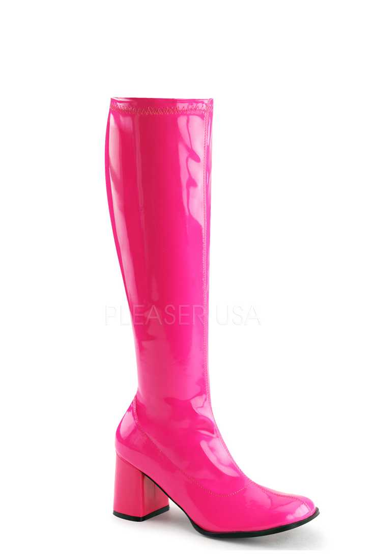 Neon Hot Pink Chunky Heel GoGo Boots Patent Faux Leather