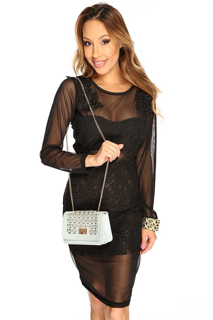 Black Mesh Long Sleeves Knee Length Club Wear Dress