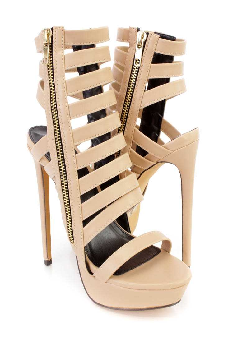 Nude Strappy Platform High Heel Booties Faux Leather
