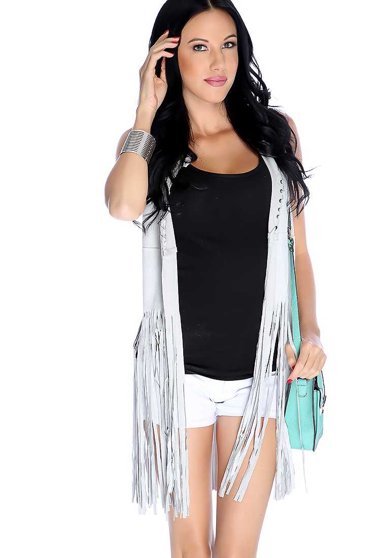 Stylish Light Grey Fringe Woven Cutout Vest