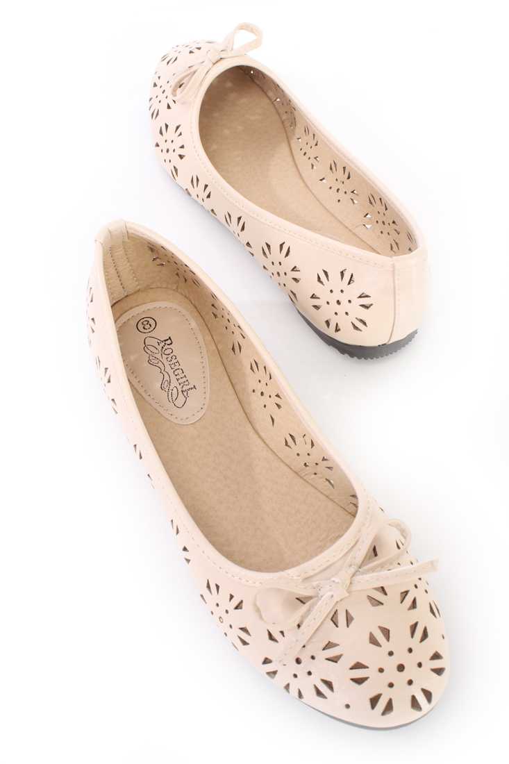 Beige Perforated Bow Tie Ballet Flats Faux Leather