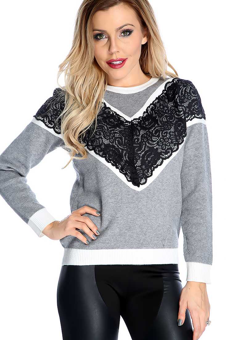 Grey Floral Lace Long Sleeve Sweater Top