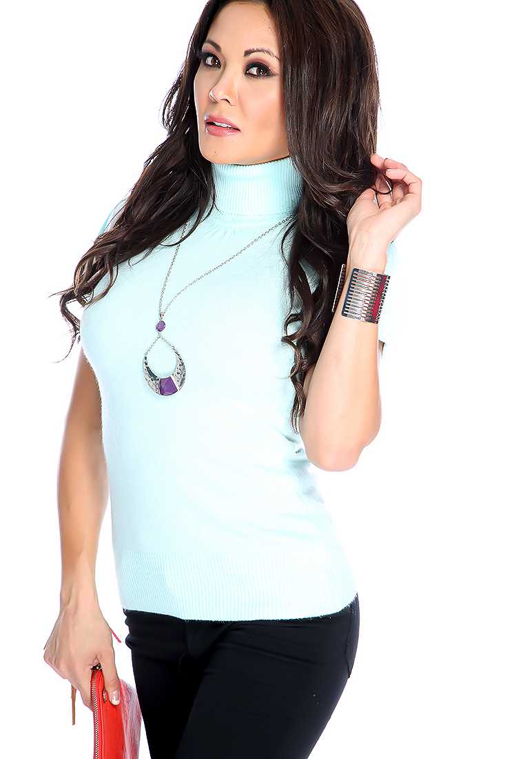 Mint Blue Short Sleeve Turtle Neck Casual Top