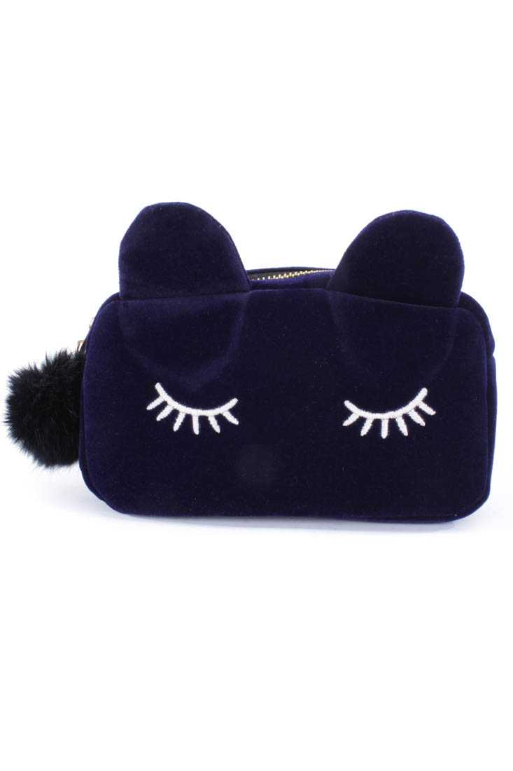 Navy Velvet Embroidered Eyelash Ear Mini Clutch