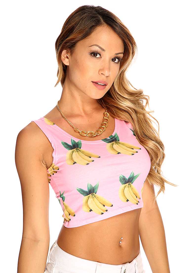 Pink Sleeveless Banana Print Casual Summer Crop Top