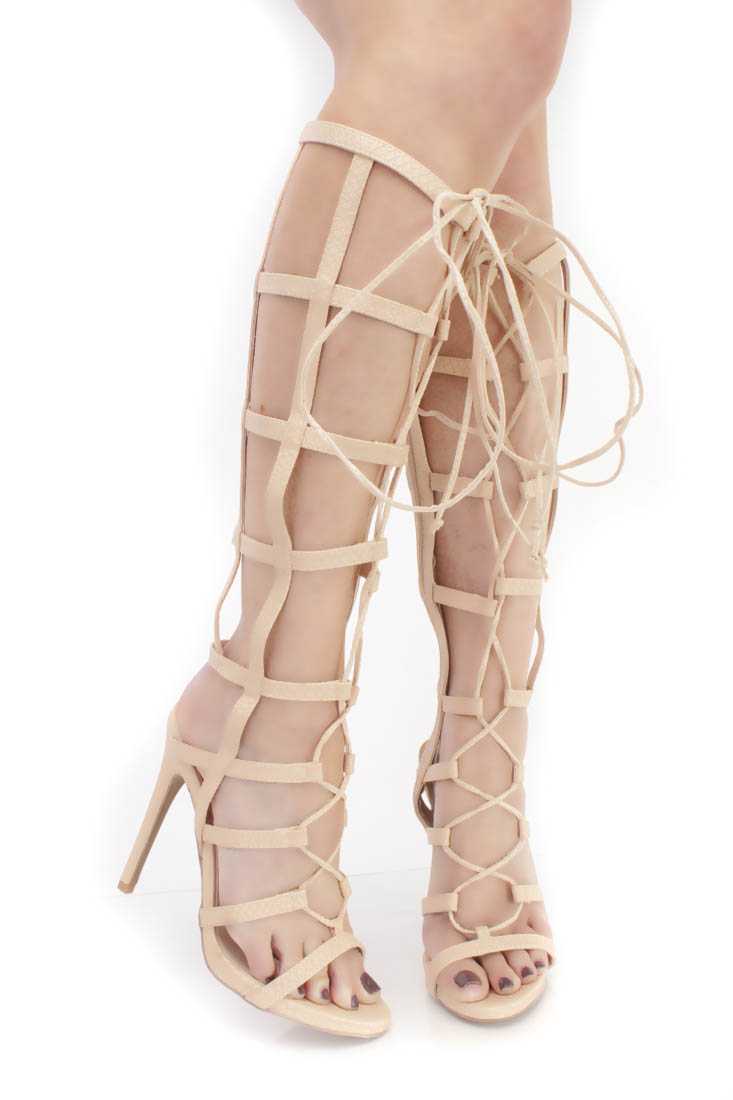 Nude Strappy String Tie Gladiator Heels Faux Leather