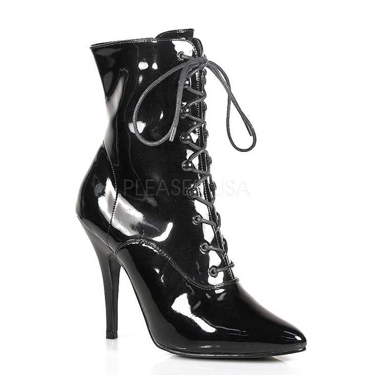 Black Lace Up Pointed Toe Booties Patent