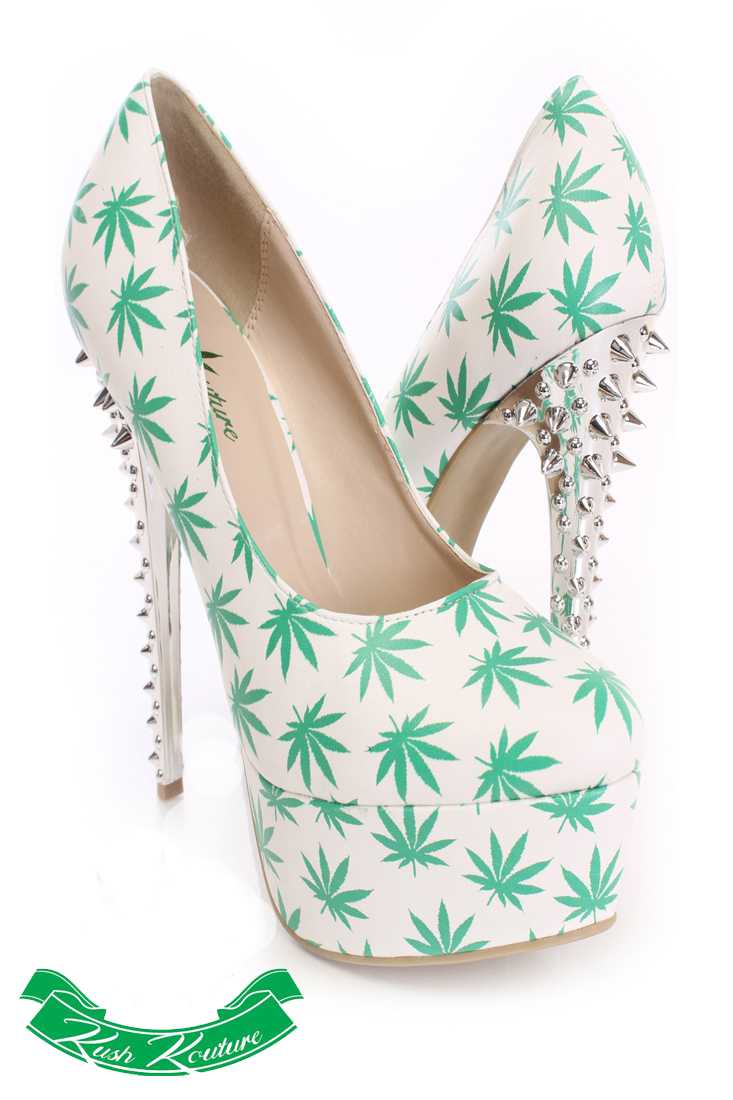 White Green Herbal Leaf Pump High Heels Faux Leather