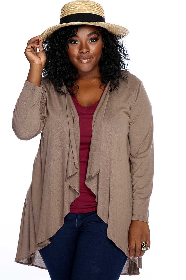 Mocha Open Draped Open Front Plus Size Cardigan