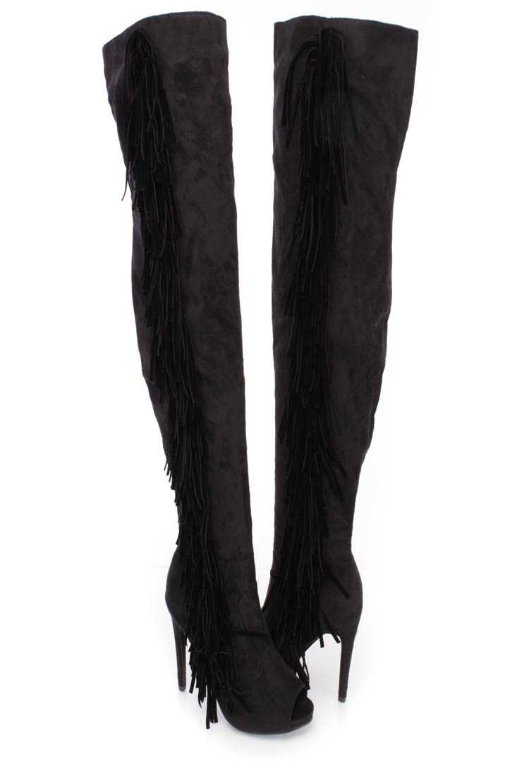 Black Fringe Peep Toe High Heel Boots Faux Suede