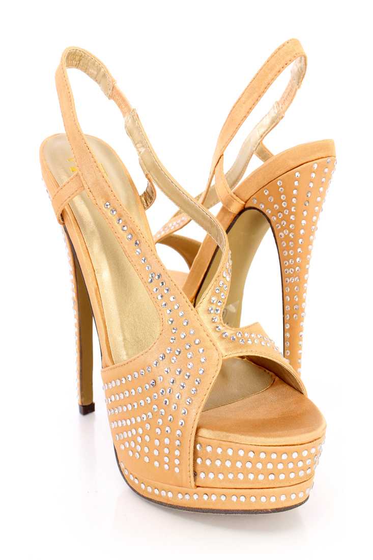 Camel Rhinestone Strappy Platform High Heels Satin