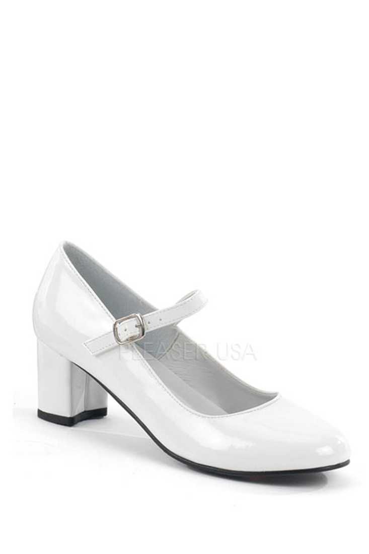 White Maryjane Chunky High Heels Patent