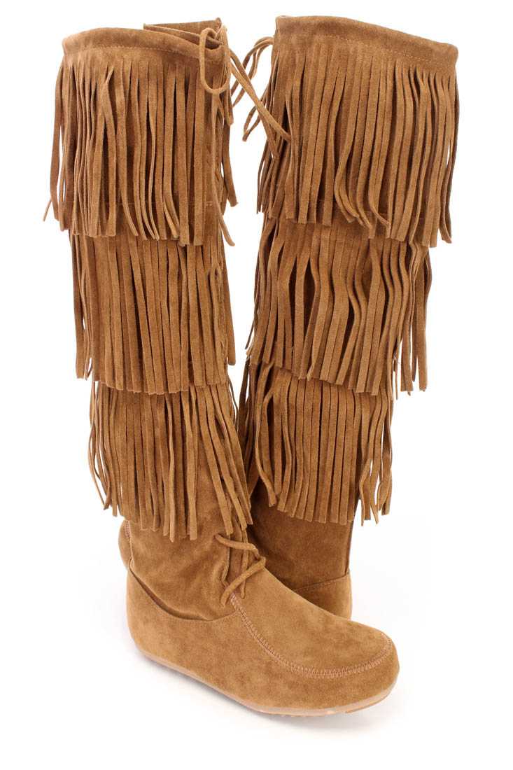 Tan Fringe Tiered Knee High Boots Faux Suede