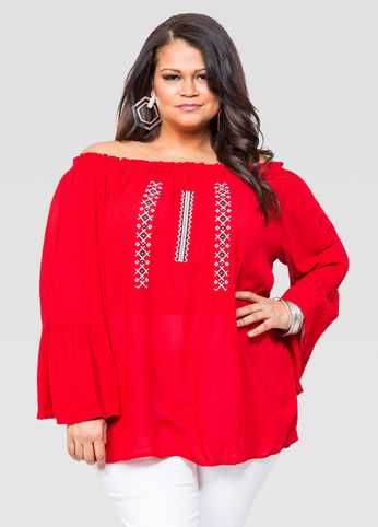 Embroidered Off Shoulder Peasant Top