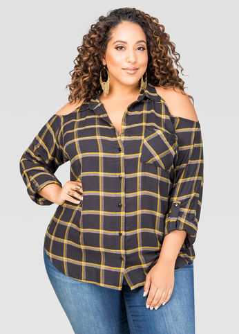 Plaid Cold Shoulder Shirt