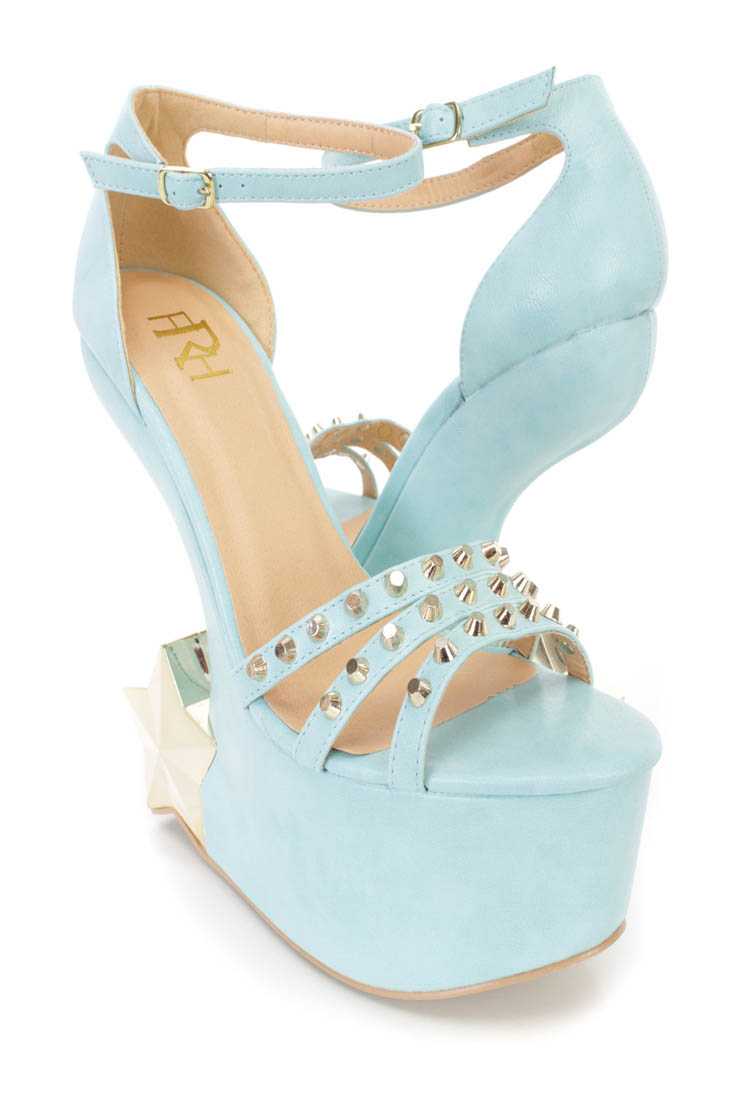 Mint Studded Strappy Anti Gravity Wedges Faux Leather