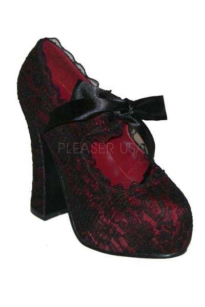 Burgundy Black Satin Lace Bow Accent High Heels