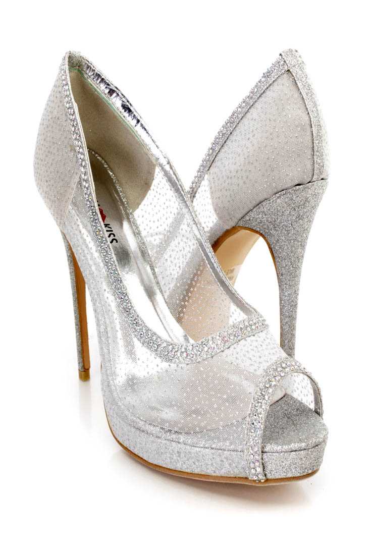 Silver Rhinestone Trim Peep Toe Pump Heels Mesh