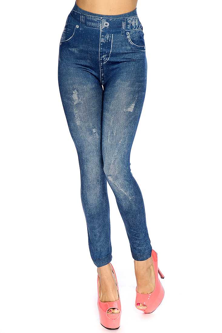 Sexy Yoga Pants Navy Acid Wash High Waist Jeggings