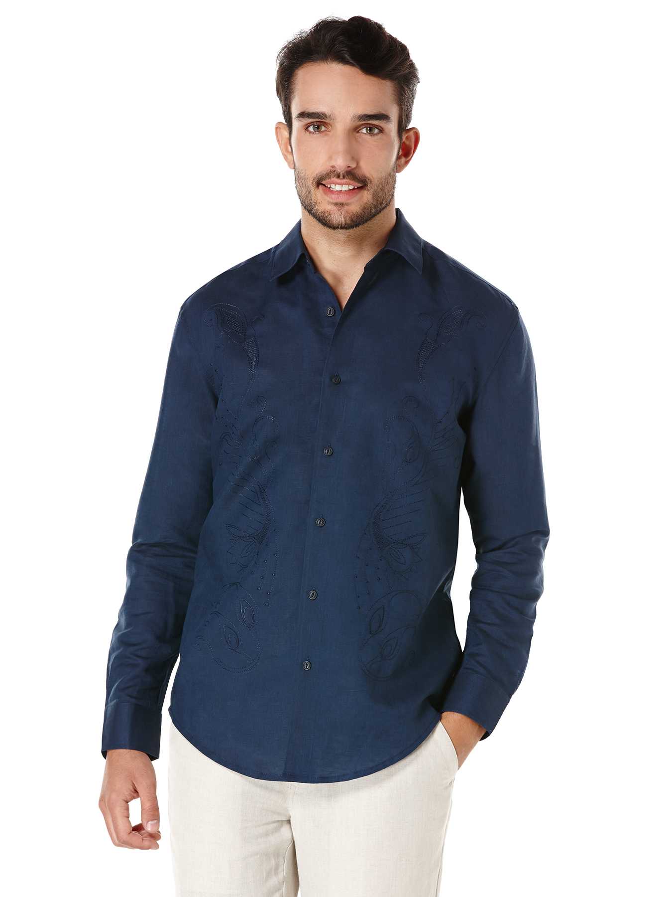 Cubavera Linen Cotton Long Sleeve Ornate Embroidery