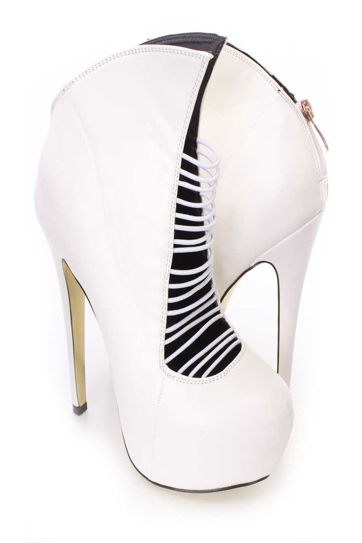 White Elastic Strappy Platform Heel Booties Faux Leather