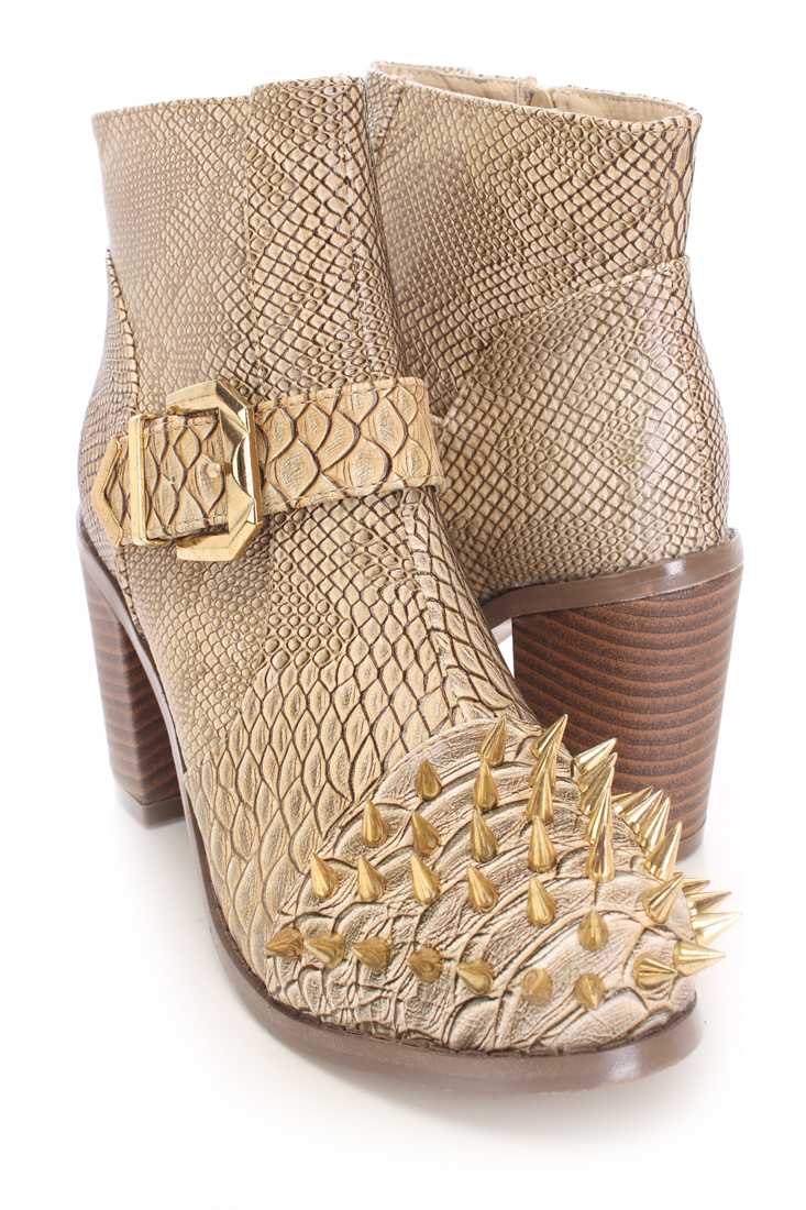 Beige Spike Studed Ankle Booties Faux Croc