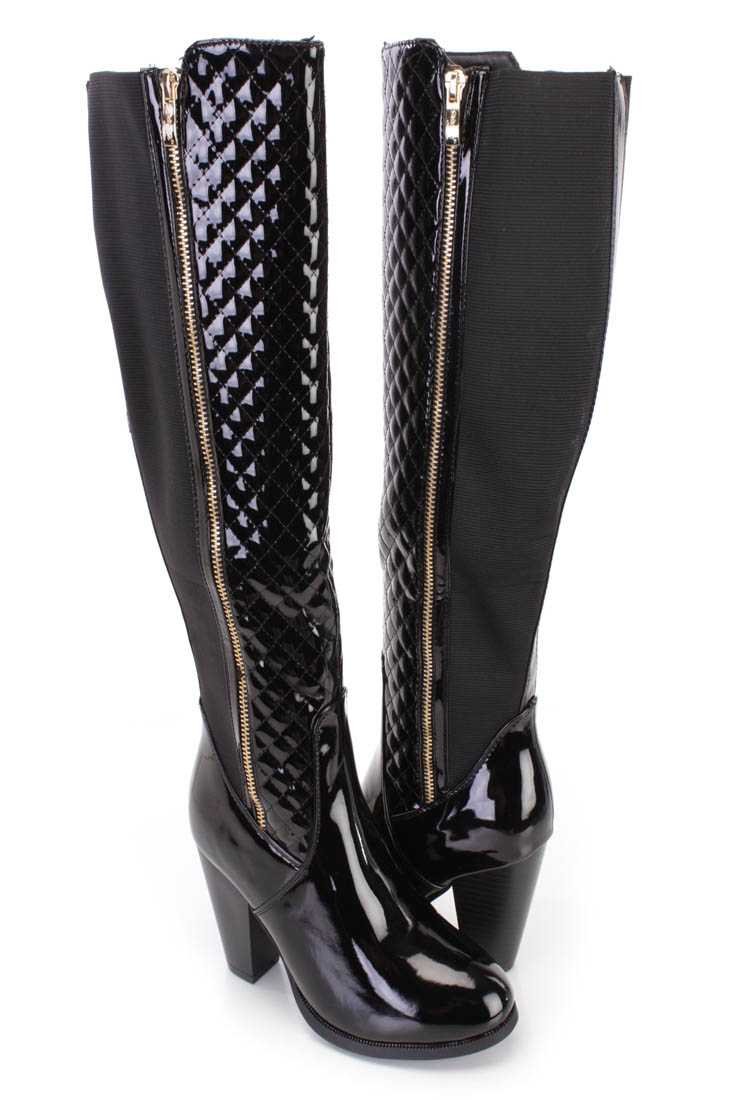 Black Stitched Quilted Knee High Heel Boots Patent