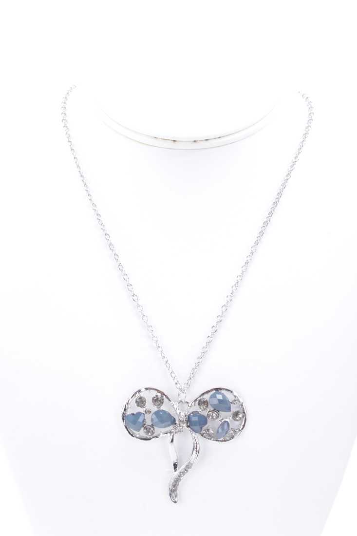 Slate Gemstone Rhinestone Bow Pendant Necklace