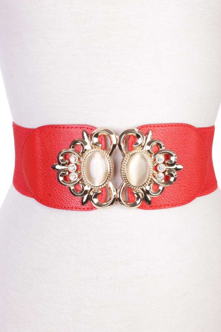 Red High Polish Rhinestone Beaded Buckle Waist Belt