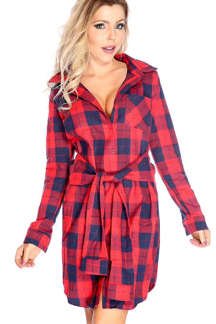 Sexy Red Blue Plaid Long Sleeve Button Up Casual Dress