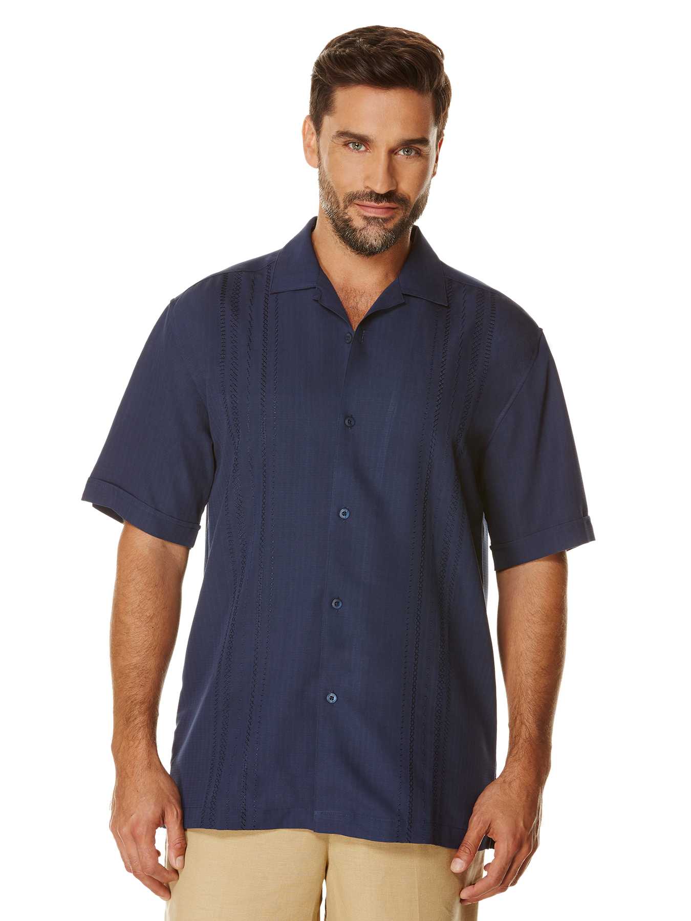 Cubavera Short Sleeve Grid Embroidered Panel Camp Collar Shirt