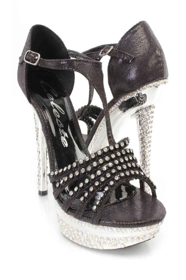 Black T Strap Rhinestone Platform High Heels Shimmer Fabric