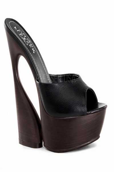 Black Leather One Band Slip-On Slide Sculptured Platform Wedge Heel