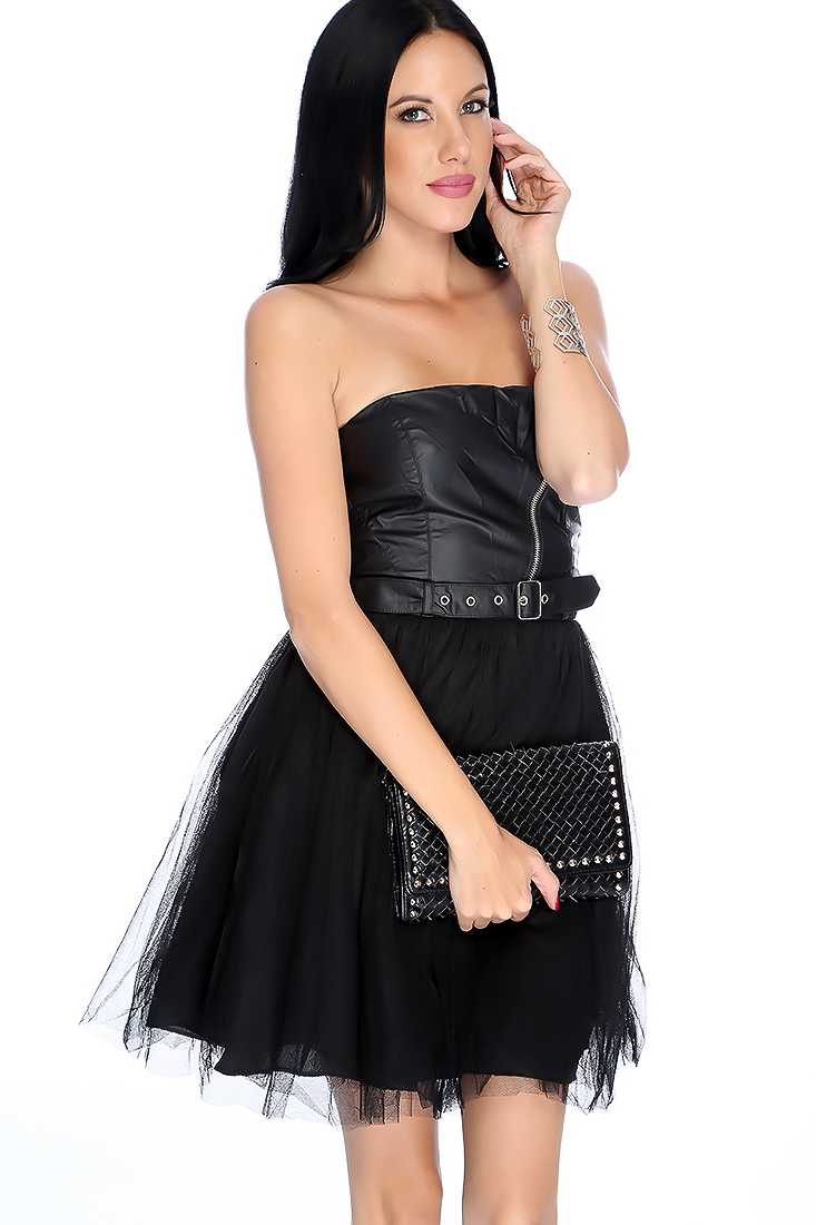Sexy Black Zip Up Strapless Waist Belt Detail Party Dress