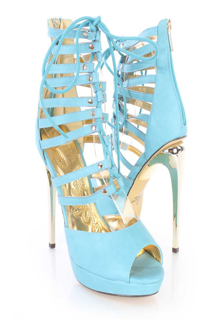 Light Blue Strappy Lace Up Stiletto Booties Faux Leather