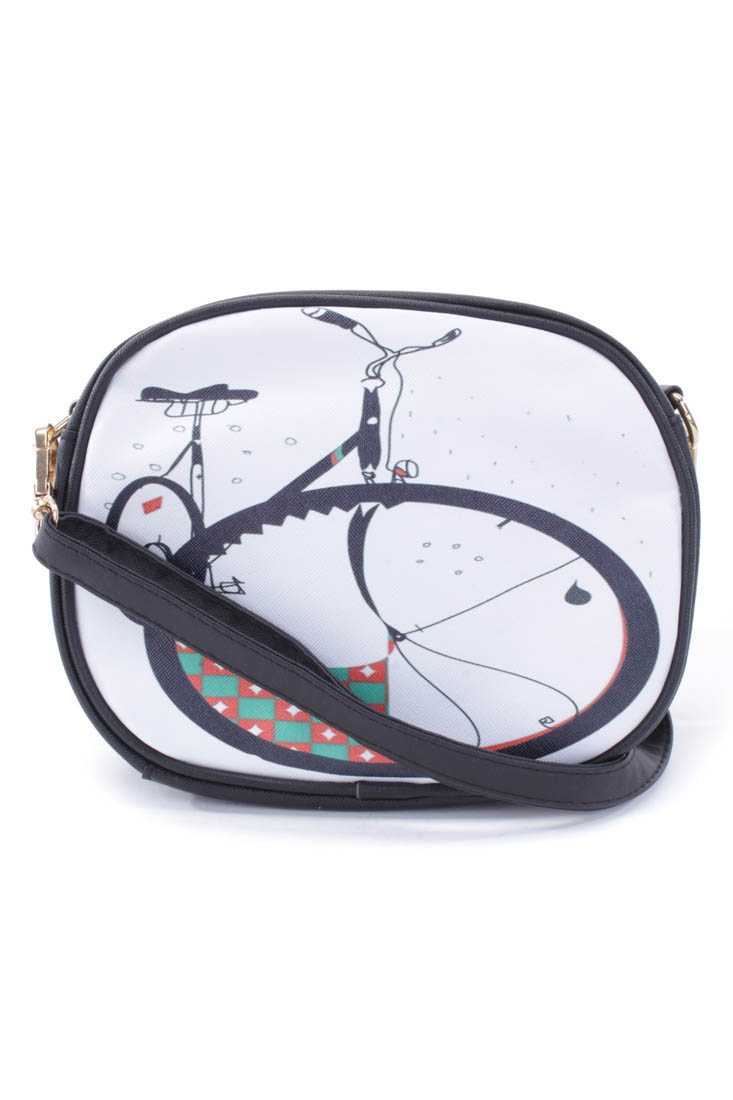 White Black Graphic Print Shoulder Handbag