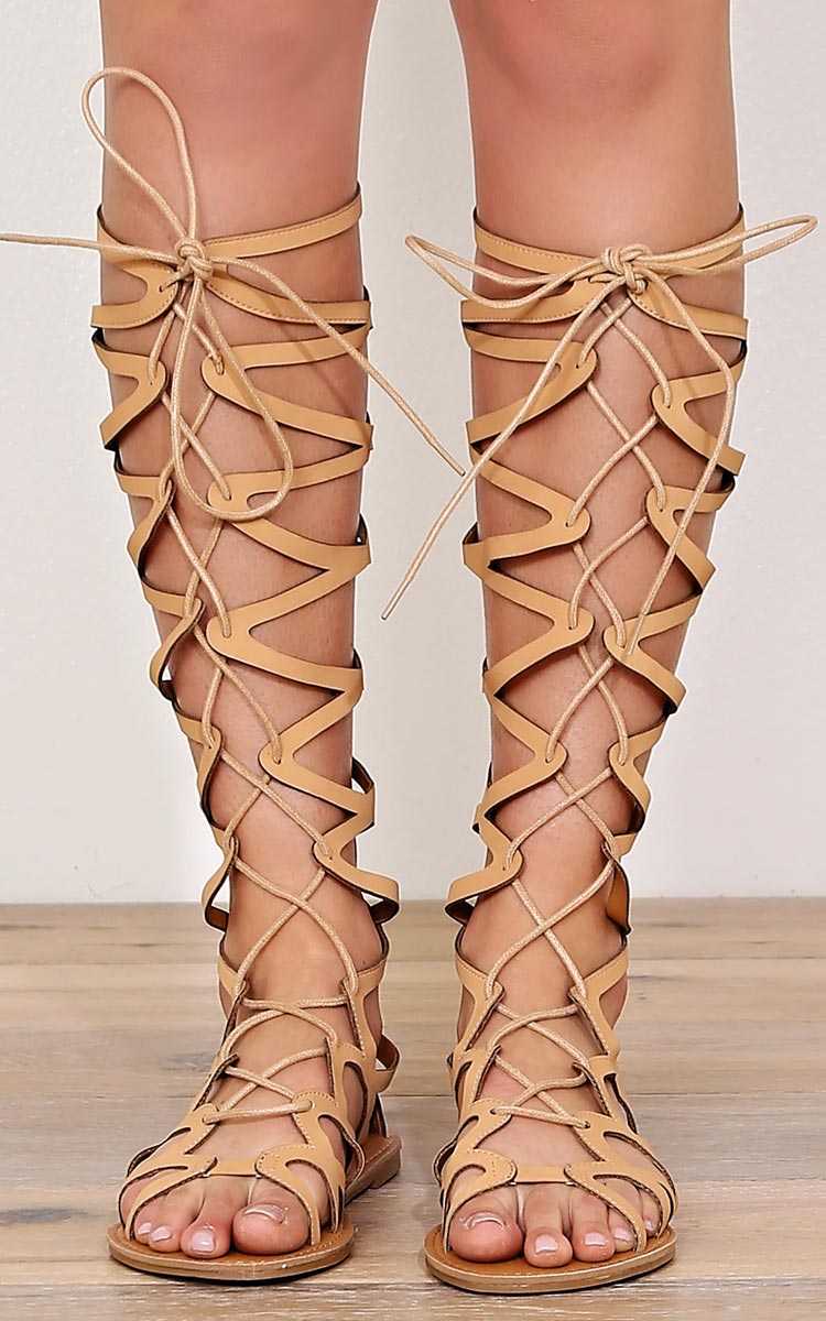 Aleena Lace Up Gladiator Sandals - Taupe in Size by Styles For Less