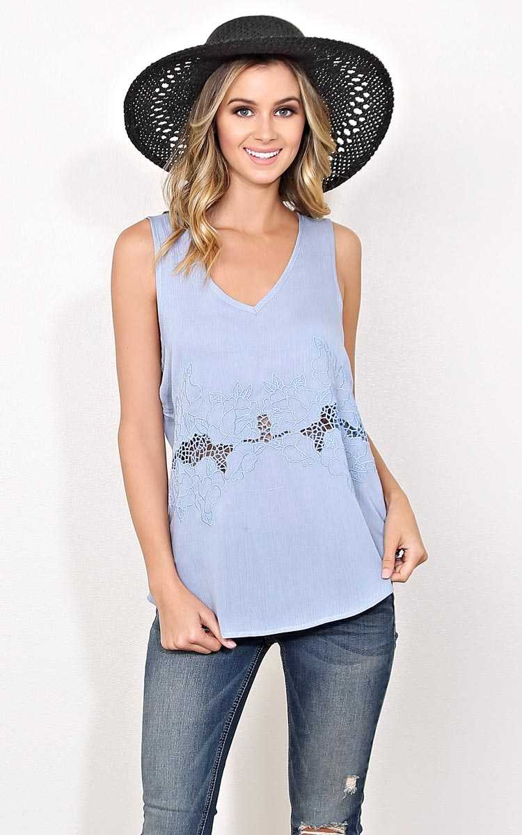 Thalia Crochet Inset Woven Tank - - Lt Blue in Size by Styles For Less
