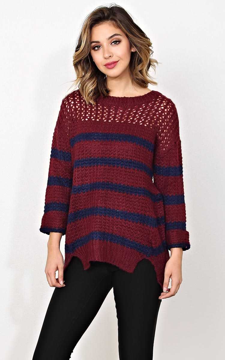 Wine Striped Eyelet Sweater - - Wine Combo in Size by Styles For Less